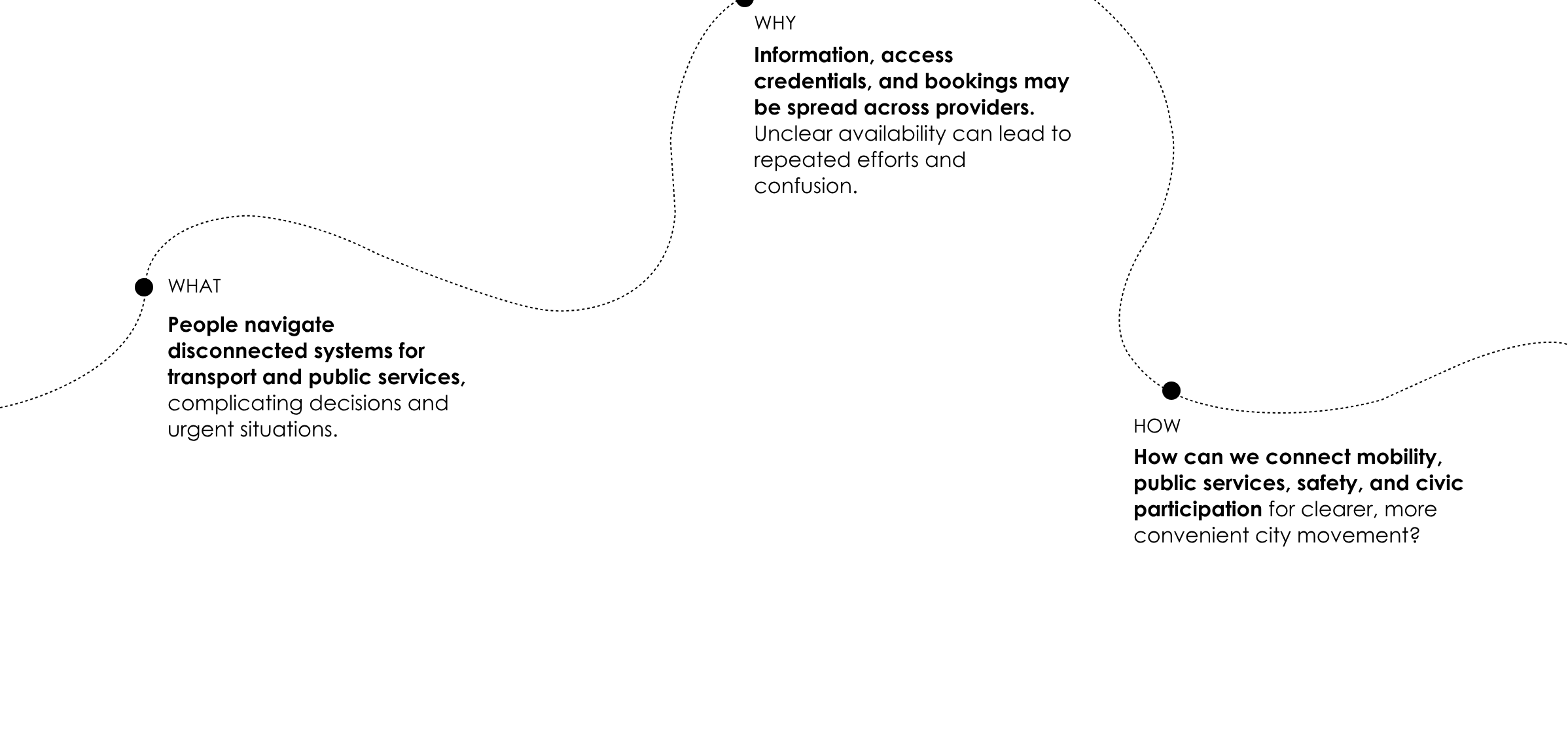 What: Disconnected transport systems. Why: Information spread across providers. How: Connect mobility, public services, safety, and civic participation.